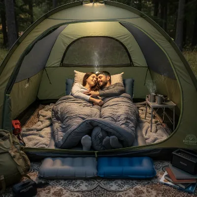 A happy couple comfortably snuggled in two connected sleeping bags inside a tent, surrounded by camping gear.