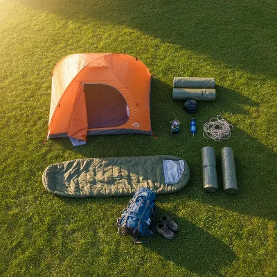 Various camping gear, including a tent and sleeping bag, drying outdoors in the sun after a wet trip.