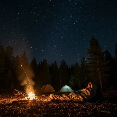Person comfortably sleeping in a warm sleeping bag under a starry night sky during camping