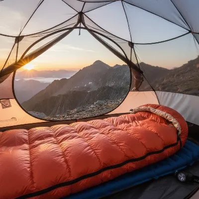 A Western Mountaineering Alpinlite sleeping bag laid out inside a lightweight tent in an alpine setting during sunrise, showing a comfortable and well-prepared campsite