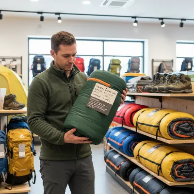 A person examining different sleeping bags and gear at an outdoor store, considering temperature ratings, materials, and shapes for their next adventure, with a focus on smart buying choices.
