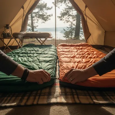 Two compatible sleeping bags being zipped together by hand in a camping tent.