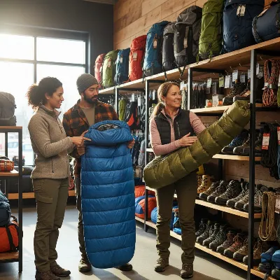 A couple looking at different double sleeping bags in an outdoor gear store, discussing features with a knowledgeable sales assistant.