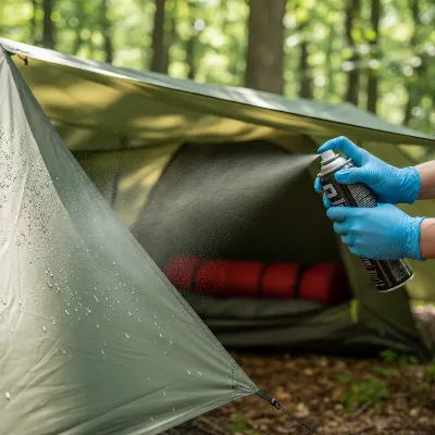 A person applying waterproofing spray to a tent fly in a forest setting, with a sleeping bag visible inside through the tent opening.