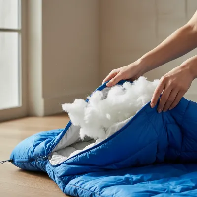 A person gently fluffing a down sleeping bag, holding it by the sides, to restore its loft and air circulation.