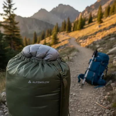 Lightweight down sleeping bag compressed in a stuff sack for backpacking