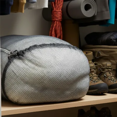 A down sleeping bag gently stuffed into a large, breathable mesh storage sack in a clean closet.