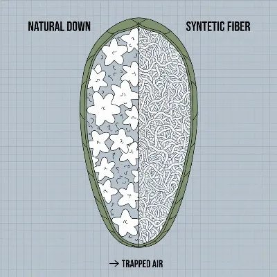 A cutaway illustration comparing down and synthetic insulation in a sleeping bag, highlighting the difference in loft and fiber structure.