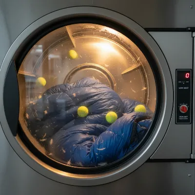A down sleeping bag tumbling in a large dryer with several tennis balls to help fluff the down and restore loft.