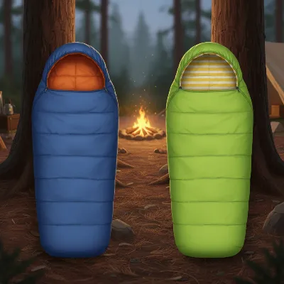 Illustration of different types of kids sleeping bags for summer camp