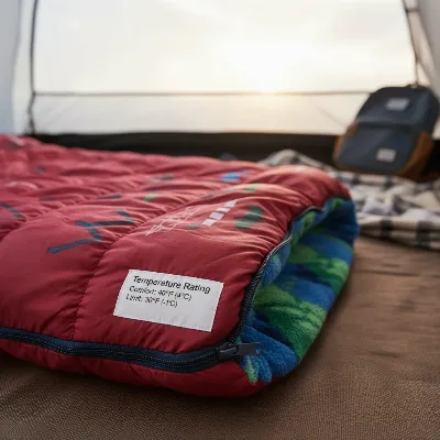 A child's sleeping bag with a prominent temperature rating tag visible, highlighting comfort and limit temperatures for camping