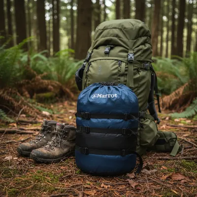 A Marmot Trestles 15 sleeping bag, rolled up and partially compressed next to a standard backpack
