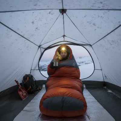 A mummy sleeping bag in a snowy tent, emphasizing its compact warmth