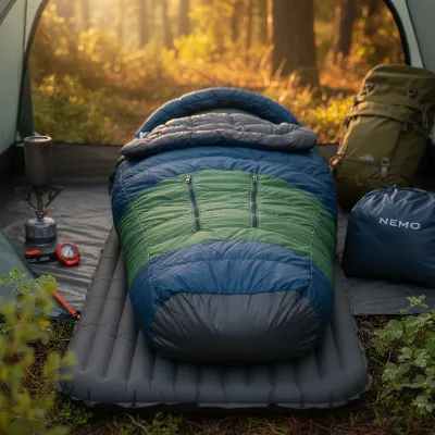 Close-up of Nemo Disco 15 sleeping bag features like Thermo Gills and Blanket Fold in an outdoor camping setup with gear nearby.