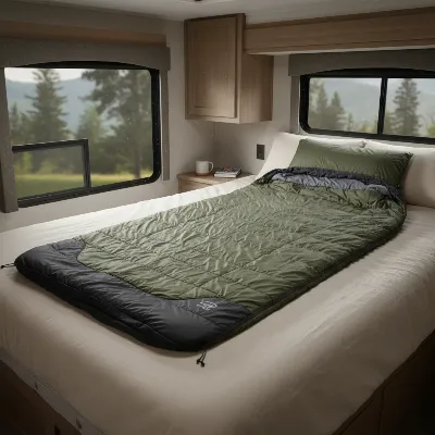 REI Co-op Siesta Hooded 20 sleeping bag laid out in a spacious RV bedroom