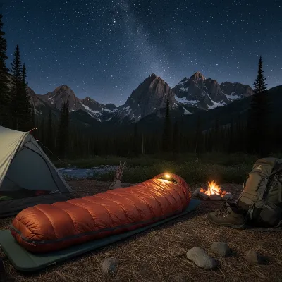 REI Co-op Magma 15 sleeping bag set up at a scenic campsite with mountains in the background.