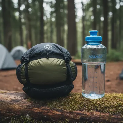 Sea to Summit Spark Ultralight Sleeping Bag compressed next to a water bottle.