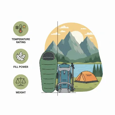 Detailed elements of a sleeping bag buying guide, showing temperature rating, fill power, and compressed size in an outdoor camping context.