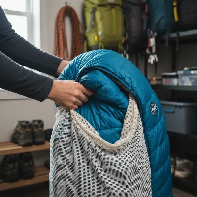 Person carefully folding and storing a down sleeping bag in a mesh storage sack.
