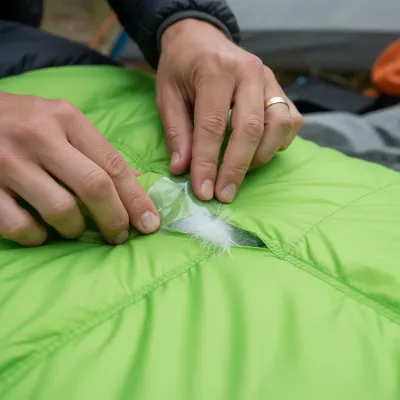 A hand carefully applying a self-adhesive repair patch to a small tear on a green sleeping bag fabric, with the down insulation visible underneath.
