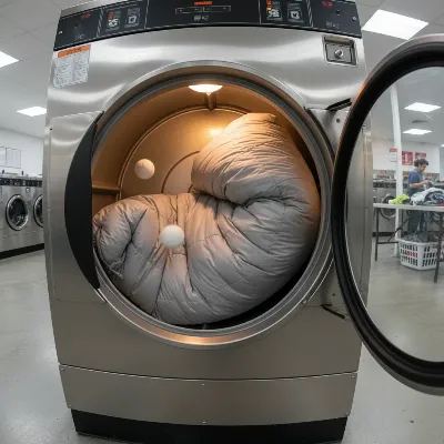 Drying a sleeping bag with tennis balls in a large front-loading dryer.