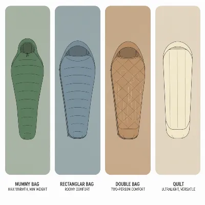 Comparison of different sleeping bag types: mummy, rectangular, double, and quilt, highlighting their unique shapes and features for outdoor adventures