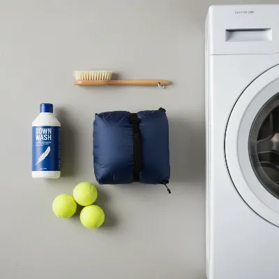Essential supplies for washing a down sleeping bag, including down detergent, tennis balls, and a front-loading washer.