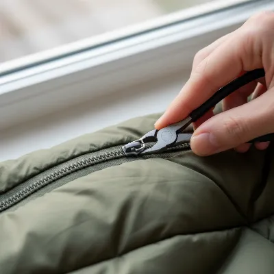 A step-by-step image showing the removal of a sleeping bag zipper's top stop with nippers.